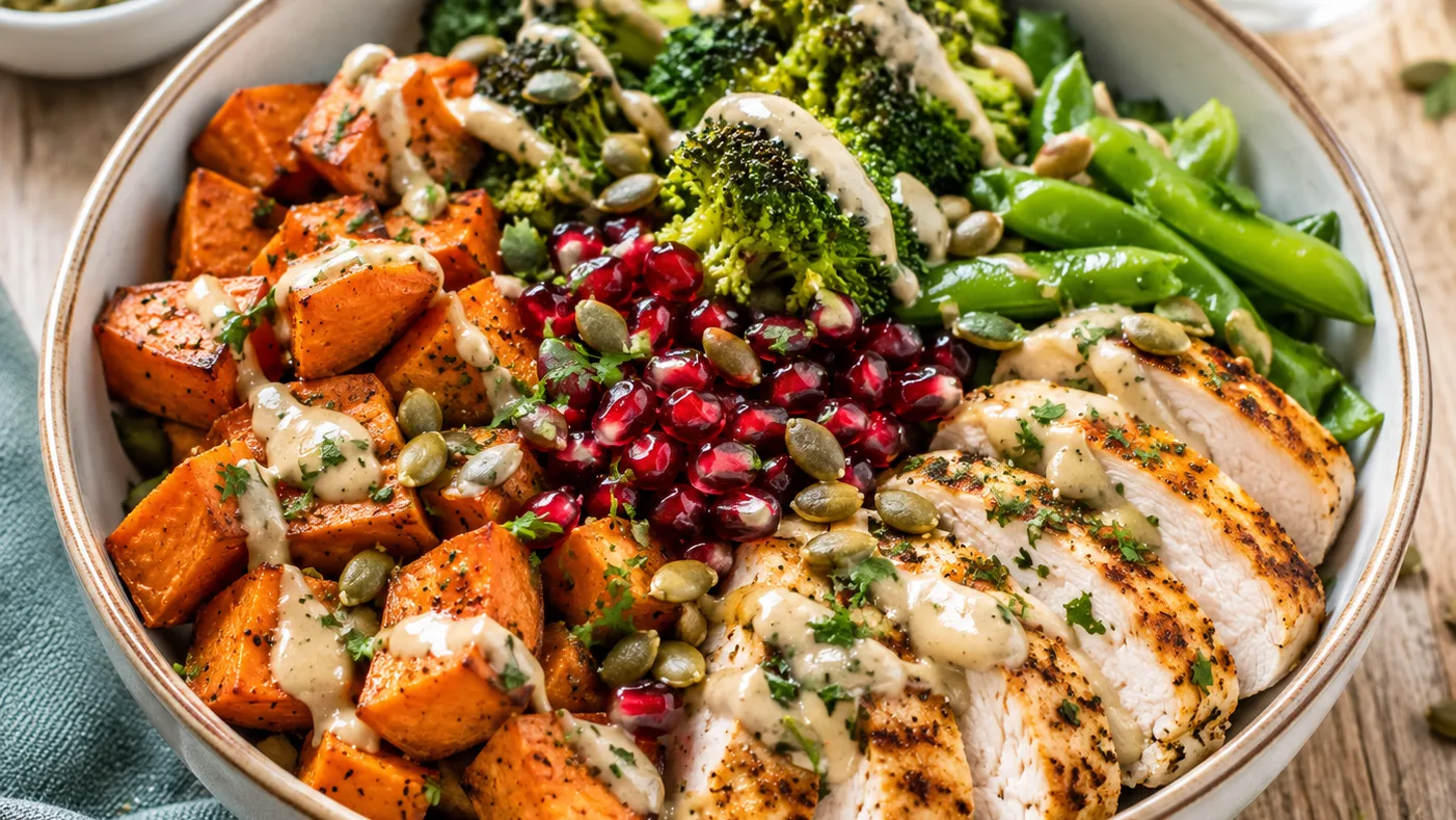 Bowl vitalité au poulet, patate douce rôtie et sauce citron-tahini