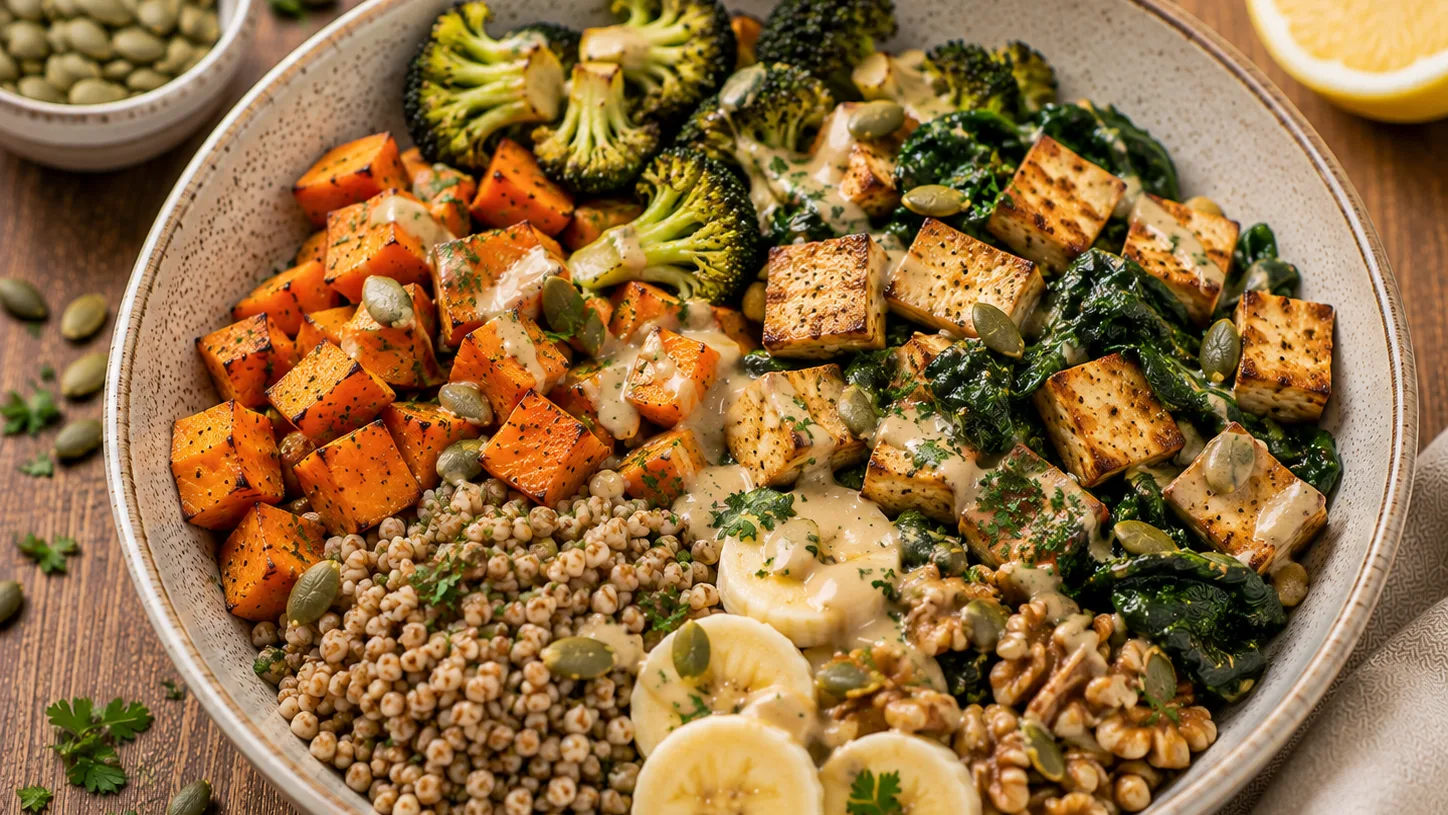 Bowl de sarrasin, tofu, épinards et noix