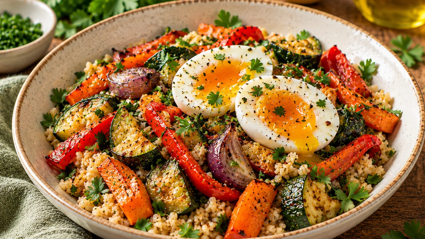 Boulgour aux légumes rôtis, œuf mollet et herbes fraîches