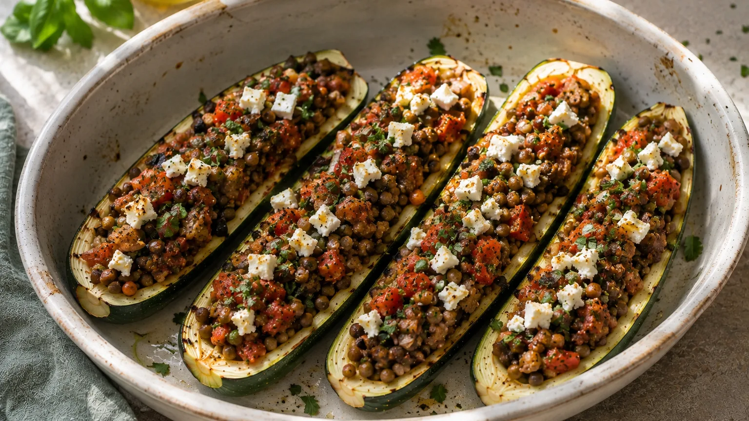 Courgettes farcies aux lentilles, tomate et herbes