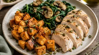 Dinde aux épinards, patate douce rôtie et graines de courge