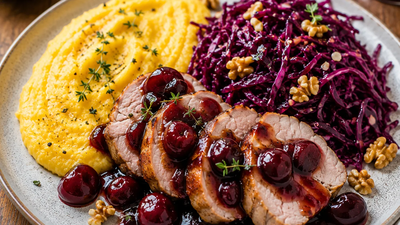 Filet mignon de porc aux cerises, polenta crémeuse et chou rouge croquant