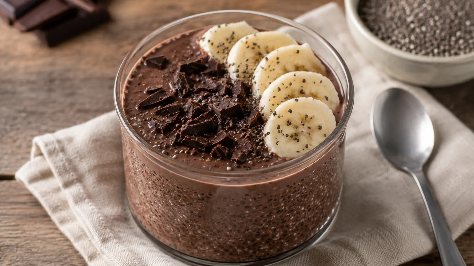 Pudding au chocolat noir, banane et graines de chia