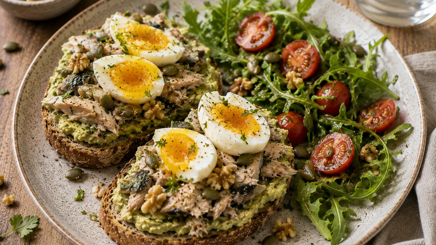 Tartine de maquereau, avocat et œuf, salade de roquette