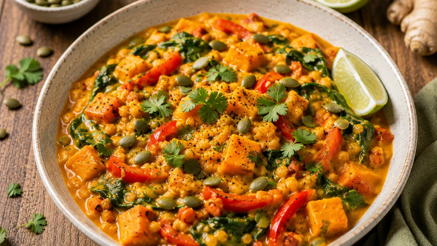Curry de lentilles corail, épinards et poivron rouge