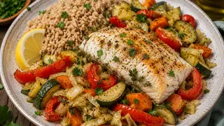 Cabillaud rôti, riz complet et légumes méditerranéens