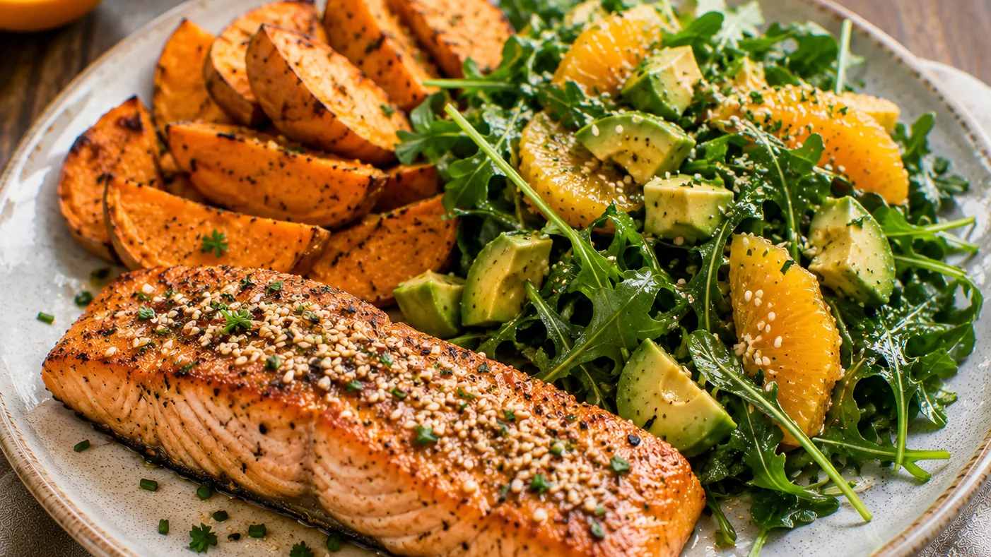 Saumon grillé au sésame, patate douce rôtie et salade de roquette à l'orange
