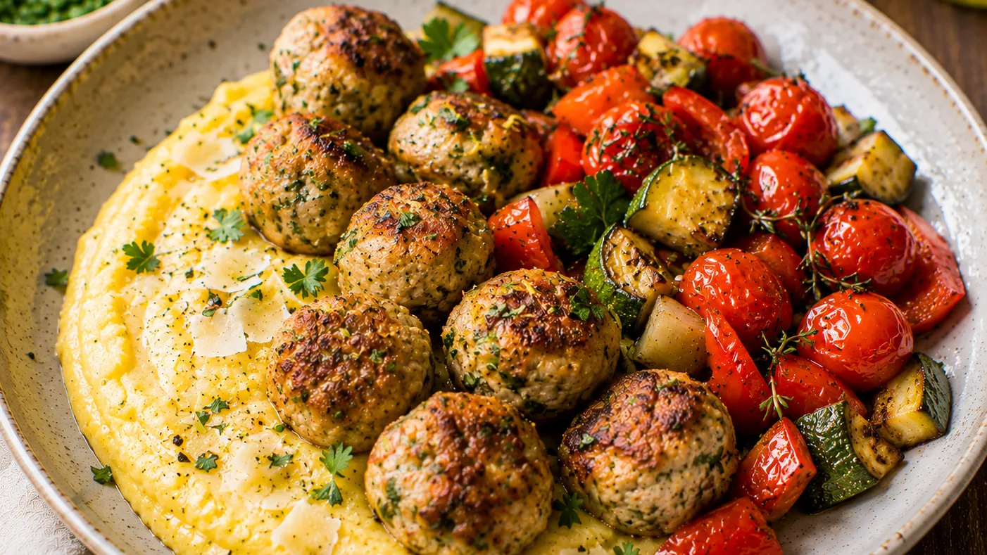 Boulettes de poulet au citron et aux herbes, polenta crémeuse et légumes rôtis