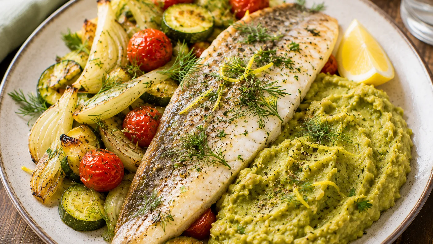Dorade rôtie aux herbes, fenouil fondant et purée de pois cassés citronnée