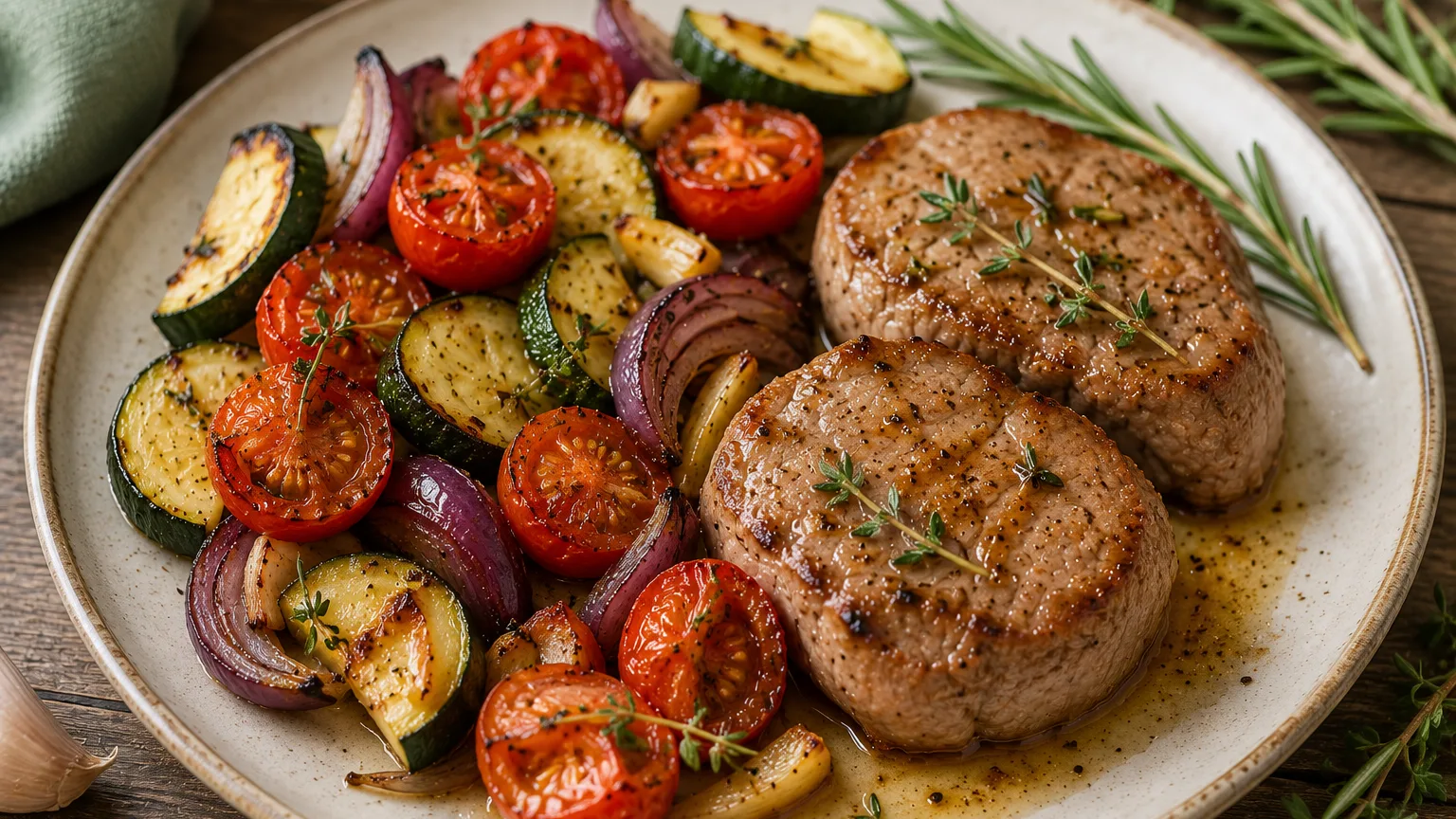 Médaillons de veau aux courgettes et tomates rôties