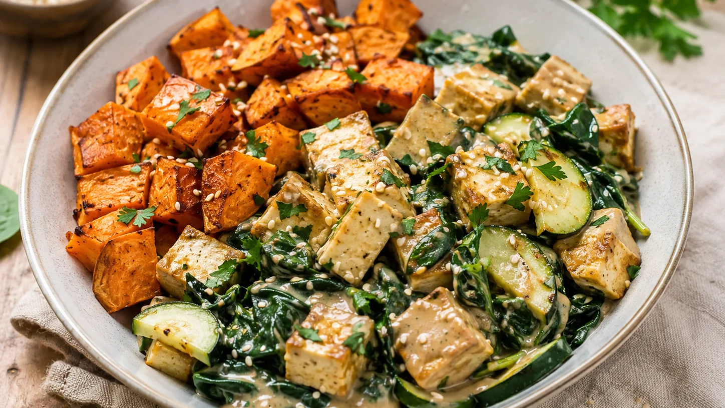 Tofu crémeux au sésame, patate douce et épinards